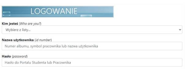 Login screen: Title 'Logowanie', select list: 'Who are you', input 'id number', input  'password'
