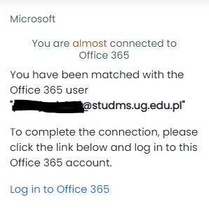 Block showing status of the account connection with Office 365 services