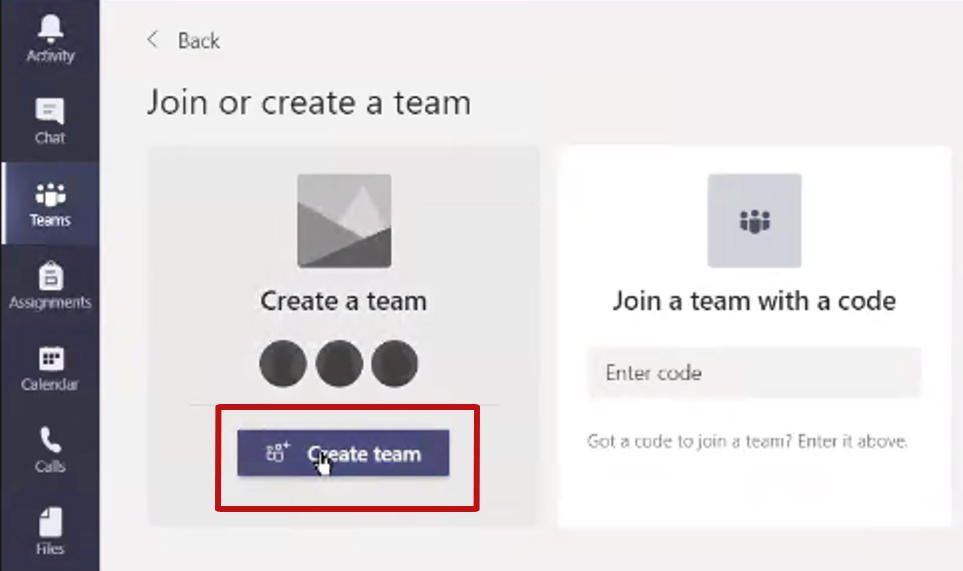 Create team button